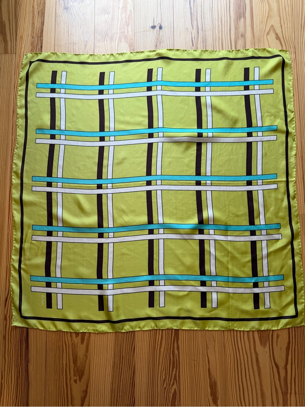 Echo Lime Green with Brown, White and Blue Graphic Design Silk Scarf